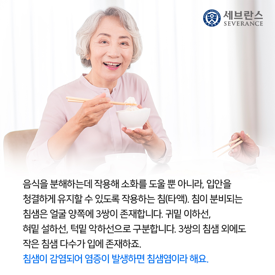 음식을 분해하는데 작용해 소화를 도울 뿐 아니라, 입안을 청결하게 유지할 수 있도록 작용하는 침(타액). 침이 분비되는 침샘은 얼굴 양쪽에 3쌍이 존재합니다. 귀밑 이하선, 혀밑 설하선, 턱밑 악하선으로 구분합니다. 3쌍의 침샘 외에도 작은 침샘 다수가 입에 존재하죠. 침샘이 감염되어 염증이 발생하면 침샘염이라 해요. 